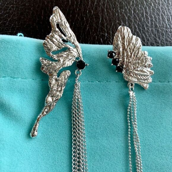 New 925 Silver Post  Asymmetric Butterfly Wing Long Tassel Earrings - Picture 8 of 13